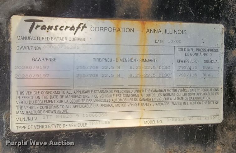 image for item JC9665 2001 Transcraft D-Eagle W2  drop deck equipment trailer