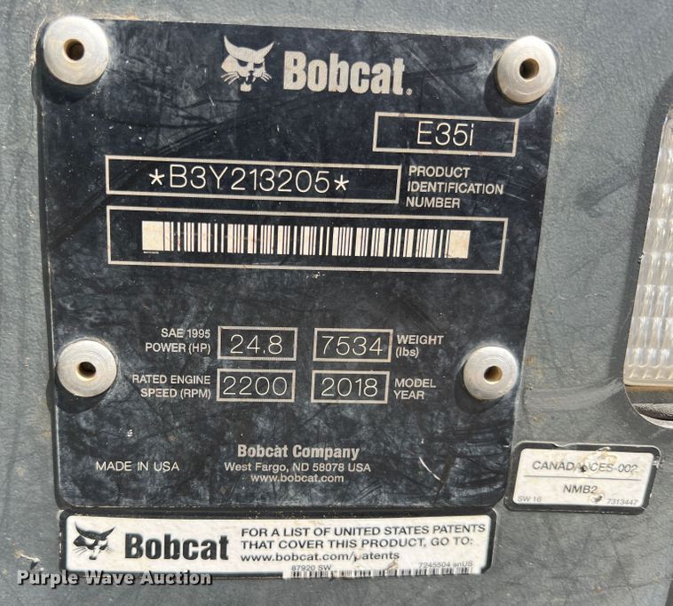image for item JX9492 2018 Bobcat E35  mini excavator