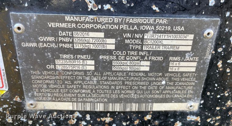 image for item KE9324 2017 Vermeer BC1200XL  wood chipper