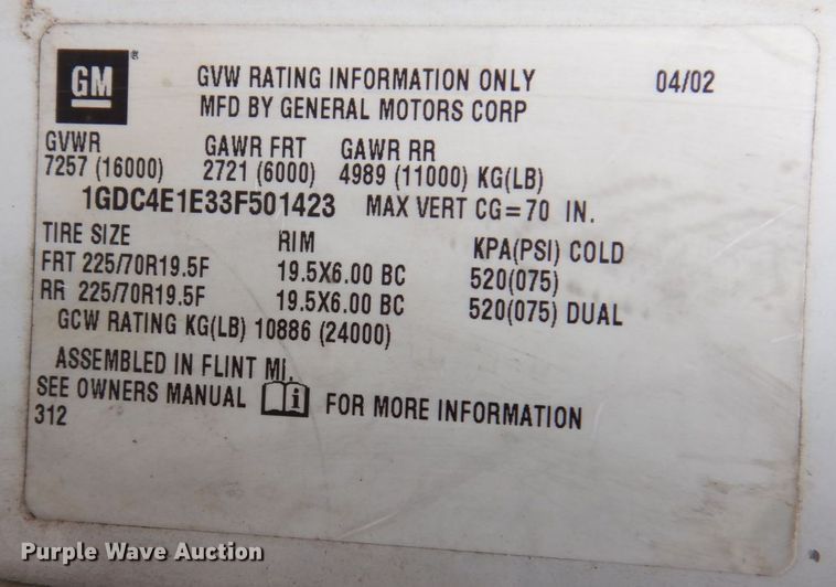 image for item KF9592 2003 GMC C4500  dump flatbed truck