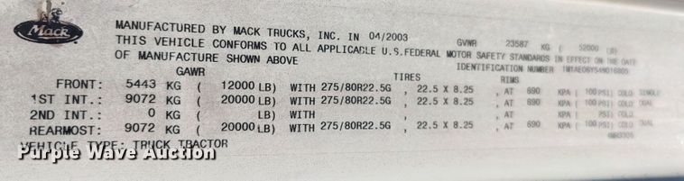 image for item LK9153 2004 Mack CX Series  dump truck