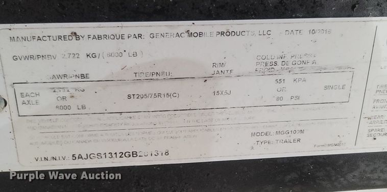 image for item LM9667 2016 Generac MGG100M  generator