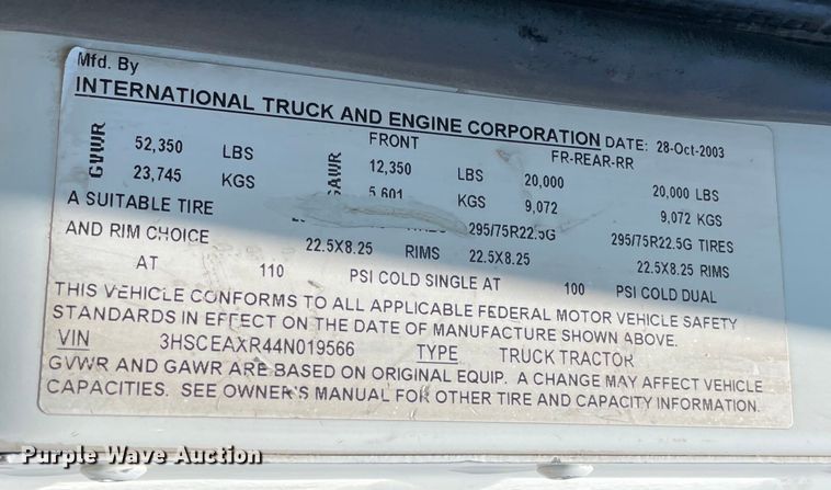 image for item MJ9145 2004 International 9200i  dump truck