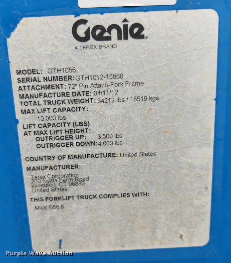 image for item MK9222 2012 Genie GTH1056  telehandler