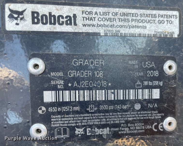 image for item MU9104 2018 Bobcat Grader 108  skid steer grader
