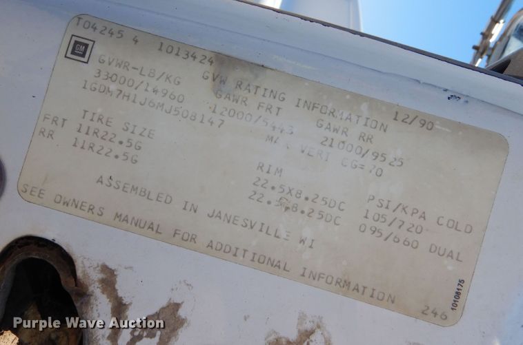 image for item DB7836 1991 GMC TopKick C6500  digger derrick truck