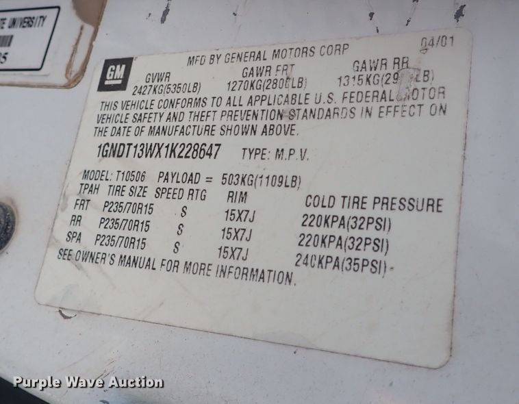 image for item DF8371 2001 Chevrolet Blazer  SUV