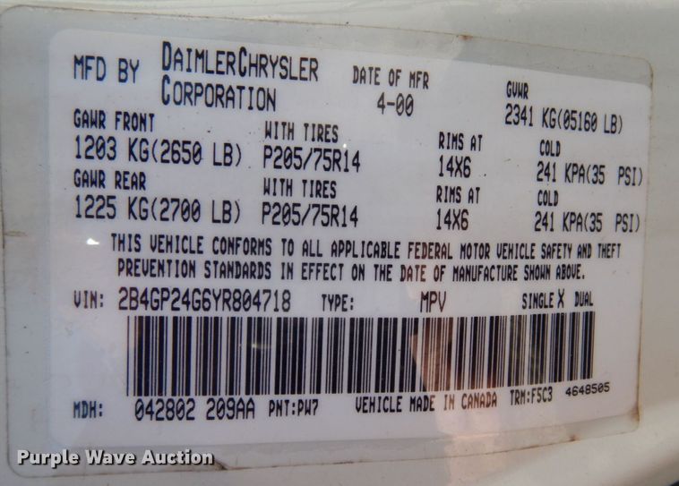 image for item DP0304 2000 Dodge Grand Caravan  van