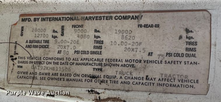 image for item JX9478 1980 International 1925  truck cab and chassis