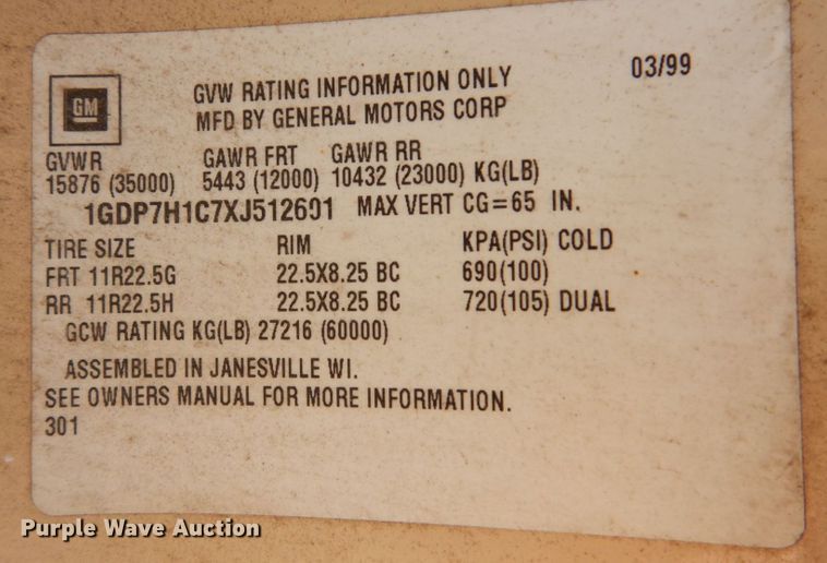 image for item KF9583 1999 GMC C8500  dump truck