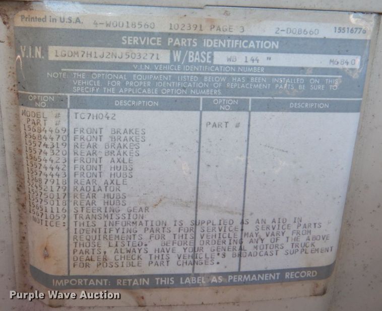 image for item KF9584 1992 GMC TopKick  dump truck