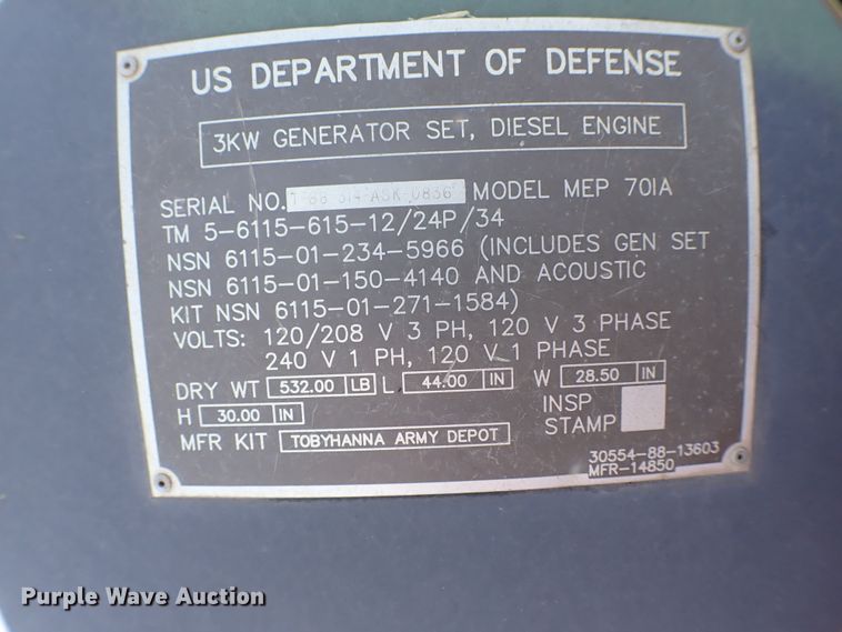 image for item KR9707 1995 US Military MEP701A  generator