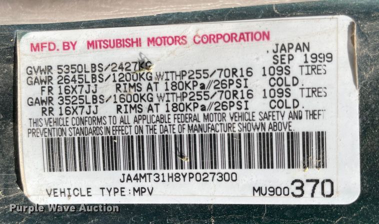 image for item MU9024 2000 Mitsubishi Montero Sport  SUV