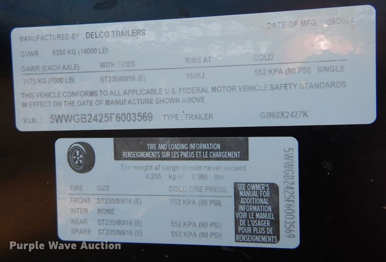 image for item DB7823 2015 Delco  livestock trailer