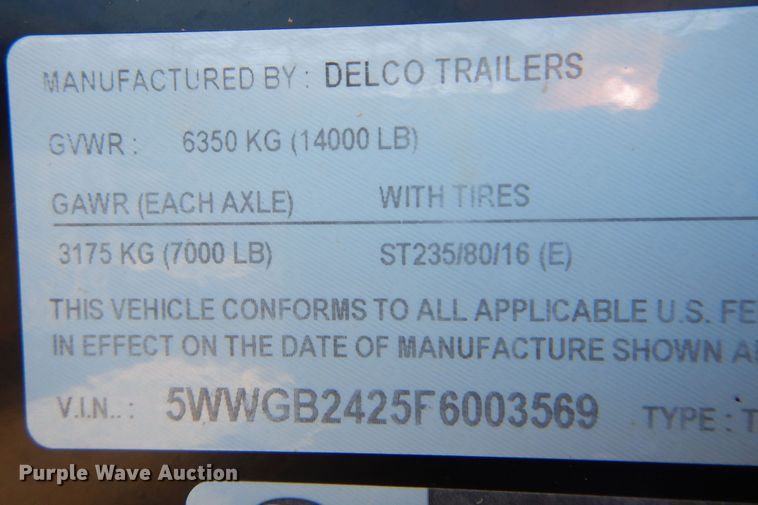 image for item DB7823 2015 Delco  livestock trailer
