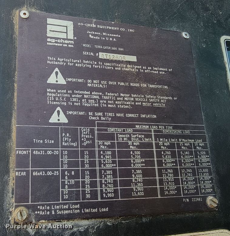 image for item JC9626 1996 Ag-Chem TerraGator 1844  applicator cab and chassis