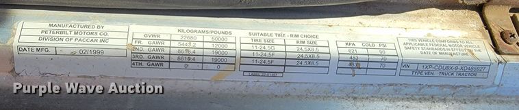 image for item JC9628 1999 Peterbilt 377  truck cab and chassis