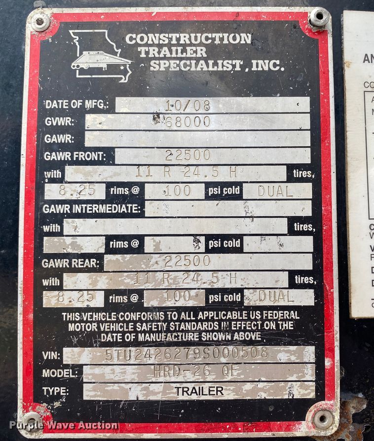 image for item DK6443 2009 Construction Trailer Specialist HRD-26 QF  end dump trailer