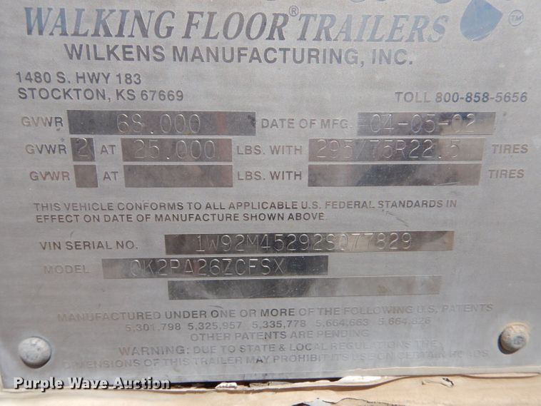 image for item LB9818 2002 Wilkens 0K2PA26ZCFSX  walking floor trailer