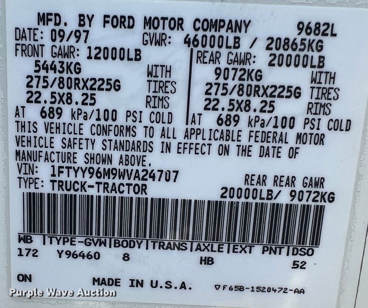 image for item LI9436 1998 Ford L9000  semi truck