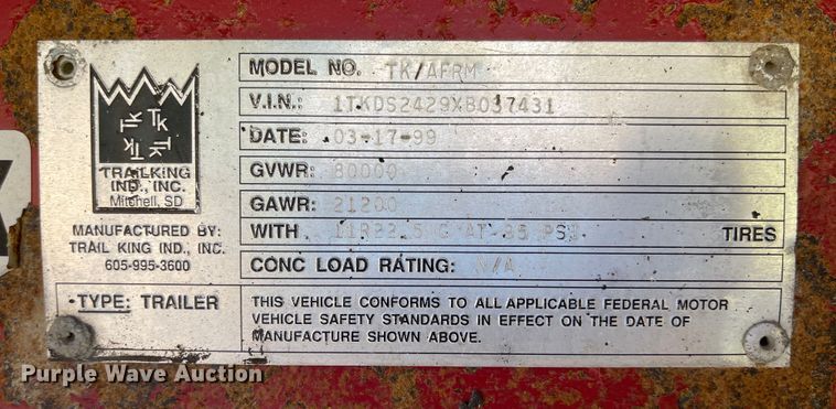 image for item MU9095 1999 TI Brook TK/AFRM  end dump trailer