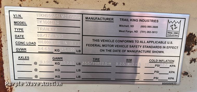 image for item DJ7727 1990 Trail King TK100HDG  lowboy equipment trailer