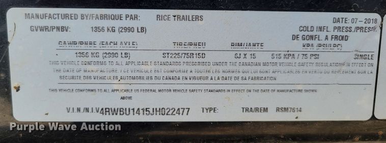 image for item DM8018 2018 Rice RSM7614  utility trailer