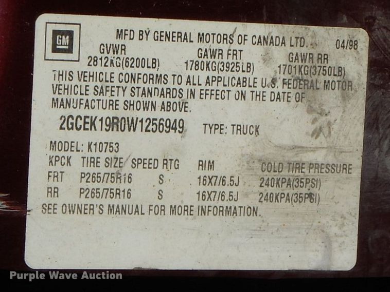 image for item HF9358 1998 Chevrolet 1500  Ext. Cab pickup truck