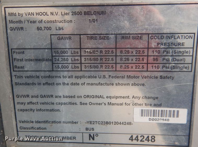 image for item HU9444 2001 Van Hool T2145  coach bus