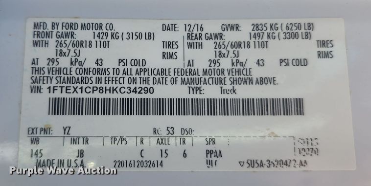 image for item KH9352 2017 Ford F150  SuperCab pickup truck