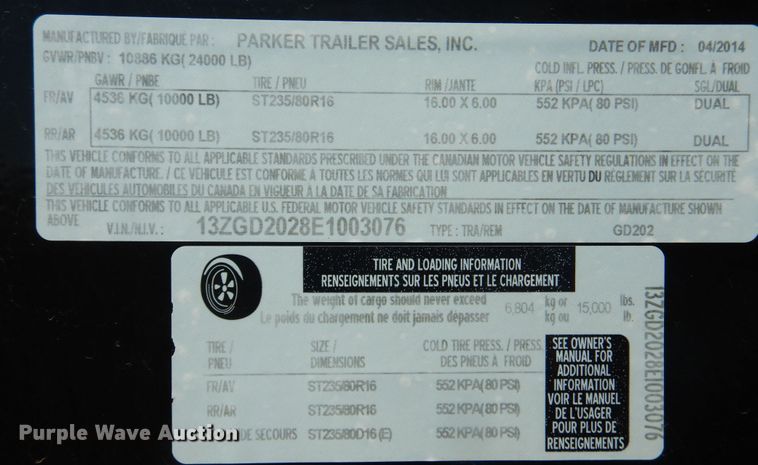 image for item KI9221 2014 Parker  dump trailer
