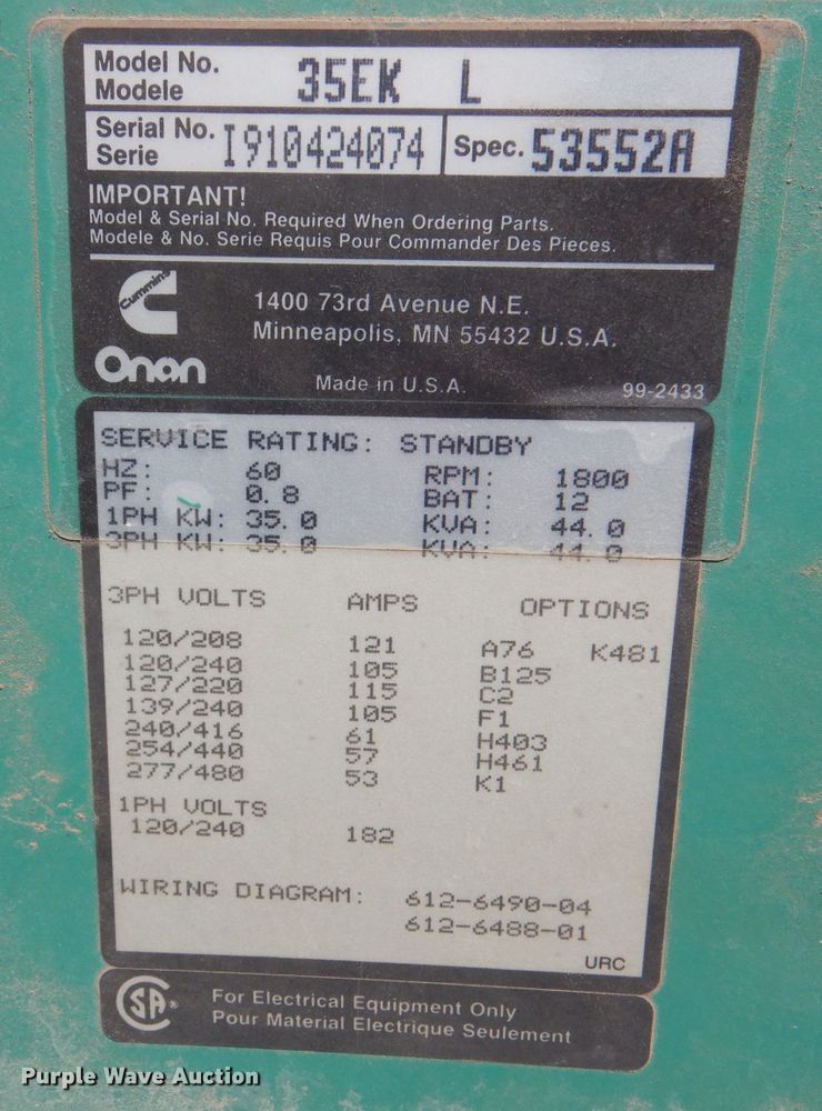 image for item LB9938 Onan 35EK-L  generator