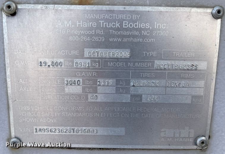 image for item MU9220 2008 A.M. Haire RCGTT9623SS  equipment trailer