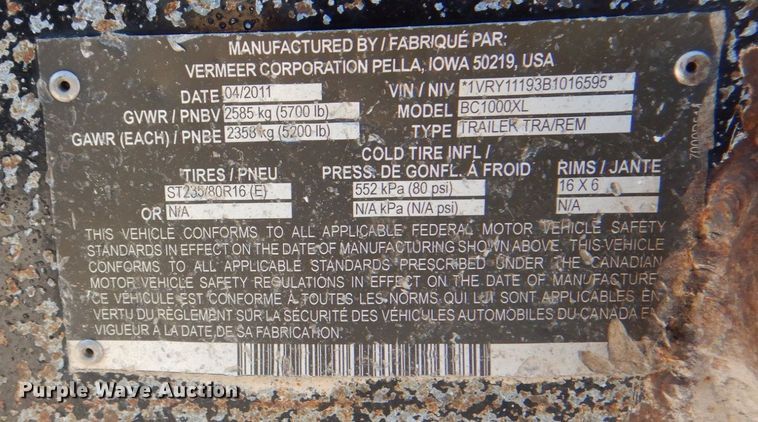 image for item DH7511 2011 Vermeer BC1000XL  wood chipper