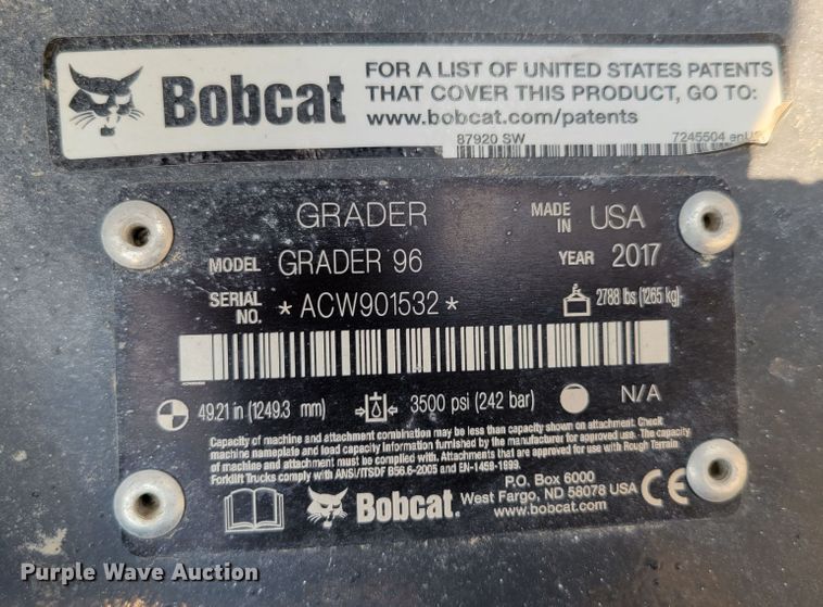 image for item DM8026 2017 Bobcat Grader 96  skid steer grader