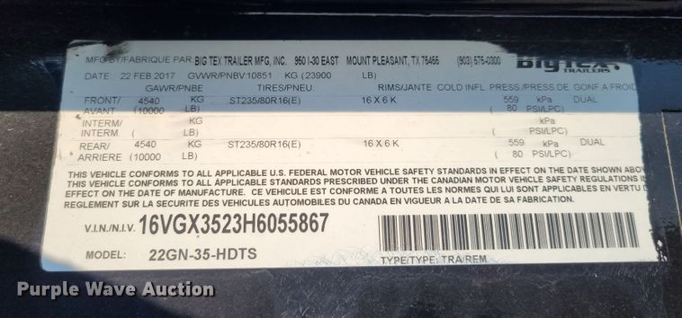 image for item DM8027 2017 Big Tex 22GN-35-HDTS  equipment trailer