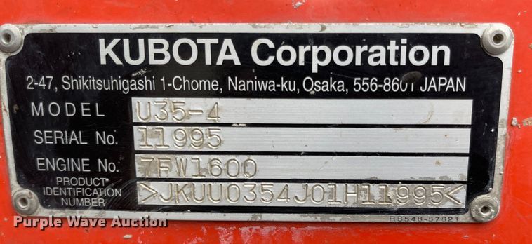 image for item DS6263 2016 Kubota U35-4  mini excavator