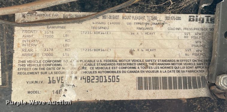 image for item JR9451 2011 Big Tex 14ET  equipment trailer