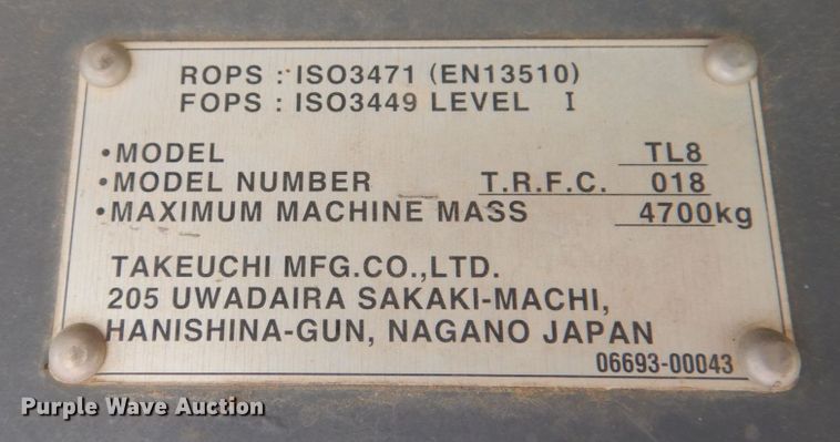 image for item KF9523 2015 Takeuchi TL8  tracked skid steer loader