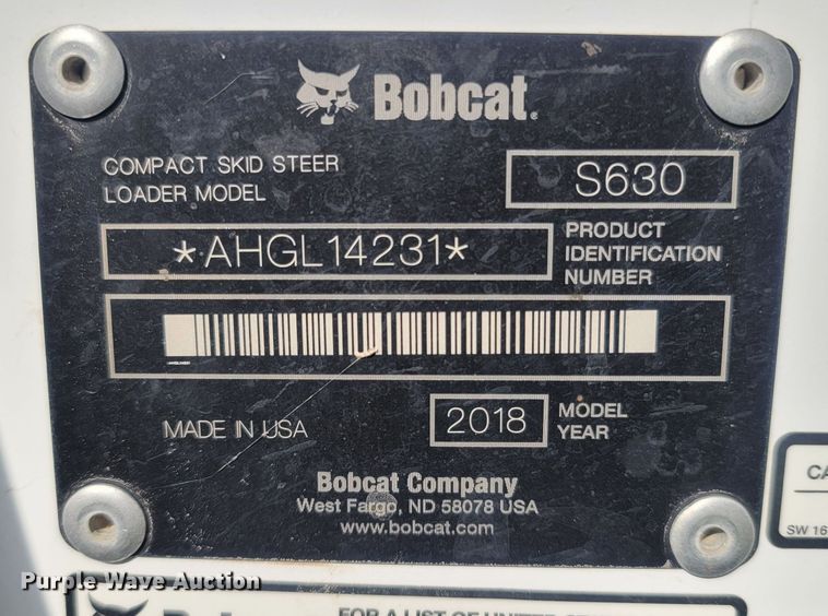 image for item LM9744 2018 Bobcat S630  skid steer loader