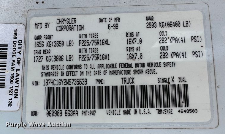 image for item DK7039 1998 Dodge Ram 1500  pickup truck