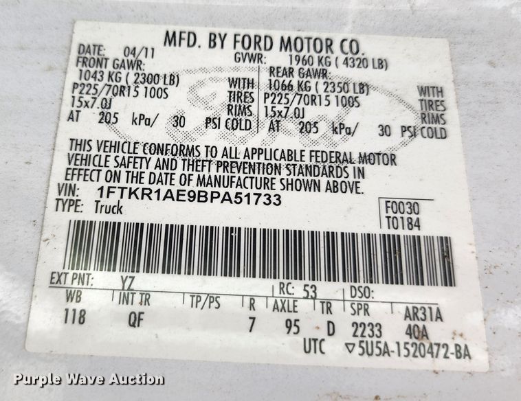 image for item DL6672 2011 Ford Ranger  pickup truck