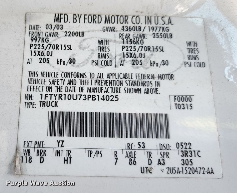 image for item DL6673 2003 Ford Ranger  pickup truck