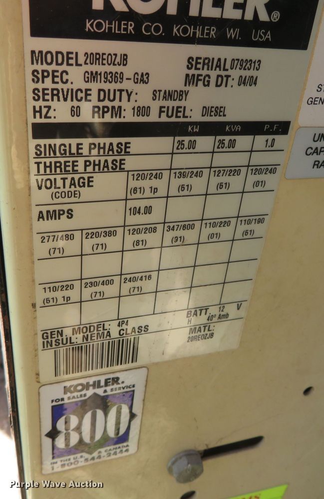 image for item DR0111 2004 Kohler 20RE0ZJB  generator