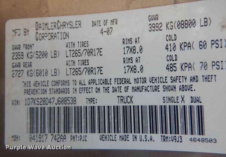 image for item KI9189 2007 Dodge Ram 2500HD  Quad Cab pickup truck