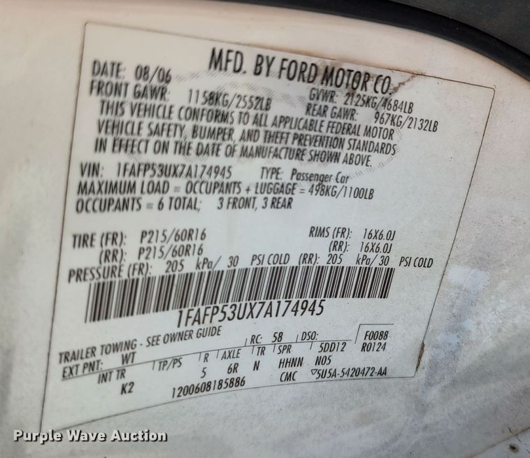 image for item LK9239 2007 Ford Taurus