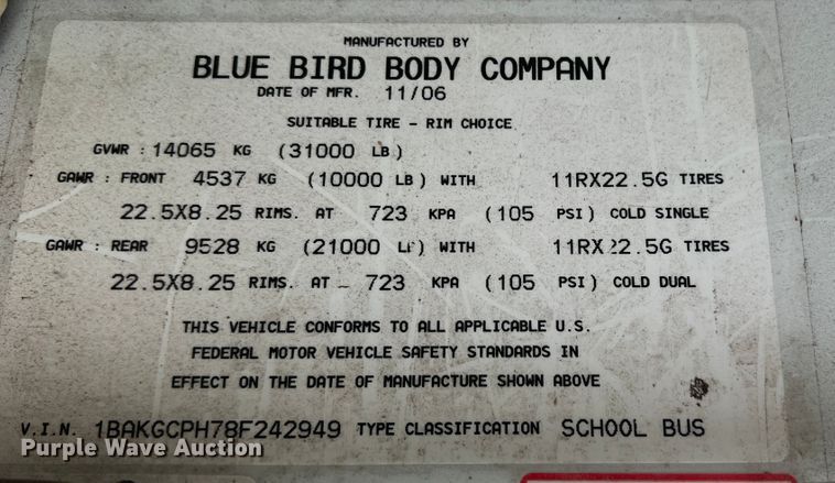image for item MQ9806 2008 Blue Bird Vision  school bus