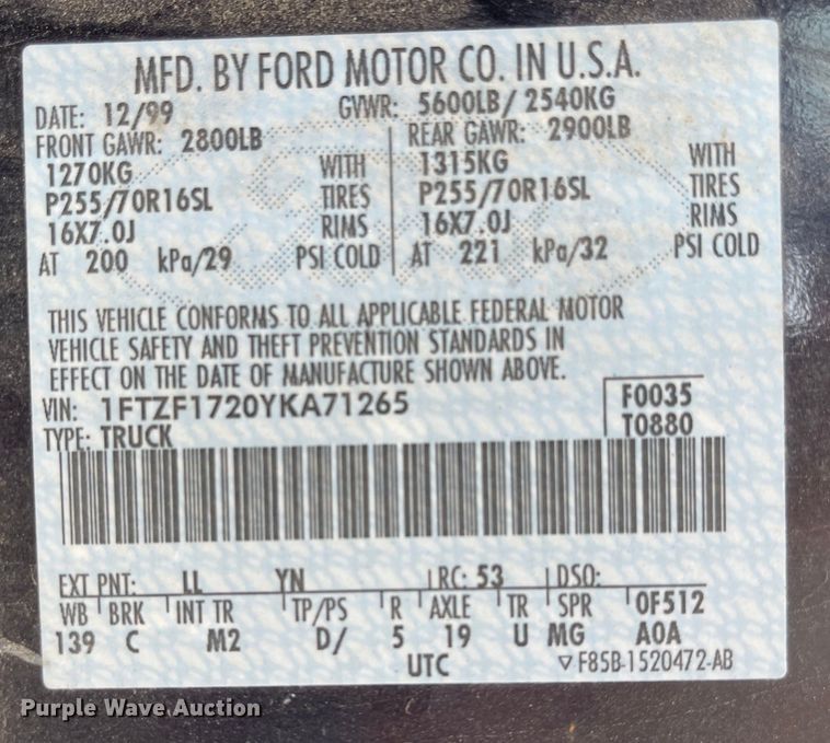 image for item MU9256 2000 Ford F150  pickup truck