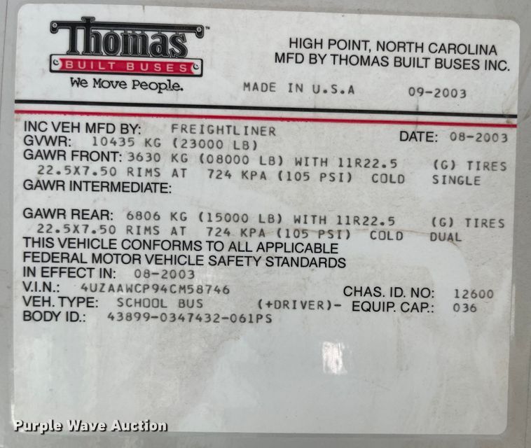 image for item MU9257 2004 Freightliner FS65  school bus