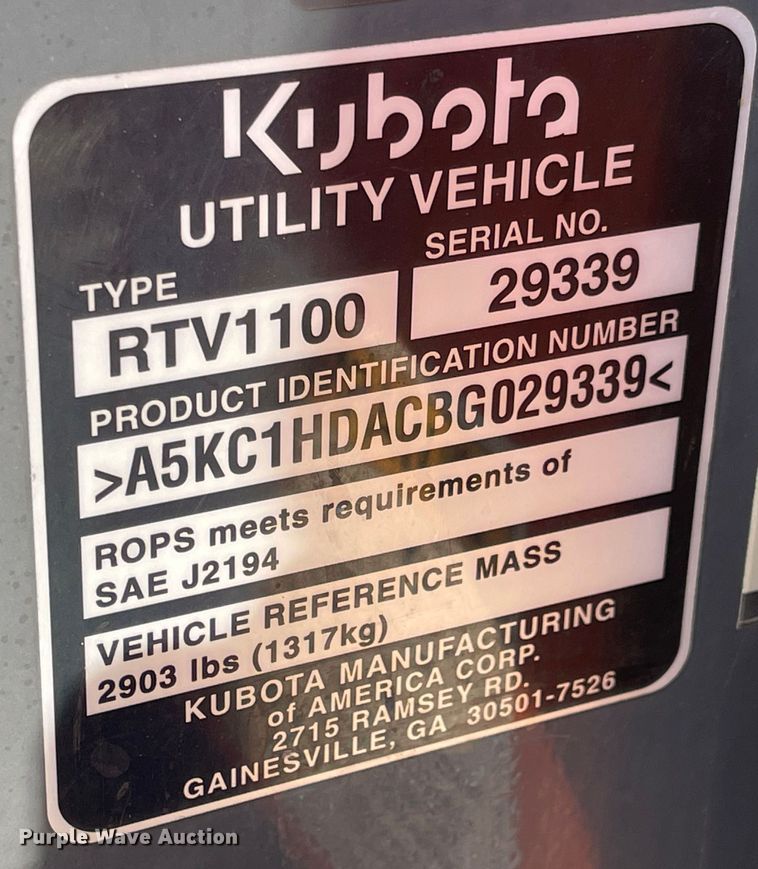 image for item MU9270 Kubota RTV1100  utility vehicle